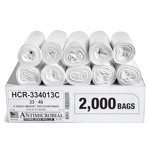 Image of Aluf Plastics High Density Trash Bags, 33 Gallon, 2000 Count, 13 Micron (eq), 33 inch x 40 inch, Clear, for Bathroom, Office, Industrial, Commercial, Janitorial, Municipal, Recycling