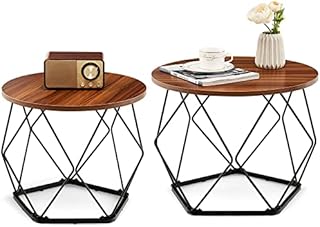 CASART Set of 2 Coffee Tables, Wooden Round Sofa Side Table with EVA Pads, Steel Frame Tea Tables Rustic Accent Tables for Living Room Bedroom Office