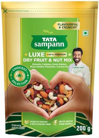Tata Sampann Luxe Dry Fruit & Nut Mix, 200g, Source of Protein, Magnesium & Phosphorus, Rich in Dietary Fiber, Flavourful & Crunchy Snack, Almonds, Cashews, Green Raisins, Black Raisins, Pistachios, & Cranberries