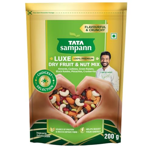 Tata Sampann Luxe Dry Fruit & Nut Mix, 200g, Source of Protein, Magnesium & Phosphorus, Rich in Dietary Fiber, Flavourful & Crunchy Snack, Almonds, Cashews, Green Raisins, Black Raisins, Pistachios, & Cranberries Tata Sampann Luxe Dry Fruit & Nut Mix, 200g, Source of Protein, Magnesium & Phosphorus, Rich in Dietary Fiber, Flavourful & Crunchy Snack, Almonds, Cashews, Green Raisins, Black Raisins, Pistachios, & Cranberries