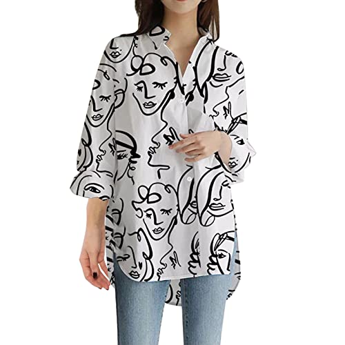 Image of Cocila Womens Fashion Long Sleeve Lapel Chains Print Ladies Casual Shirt Tops V Neck Blouse Beige