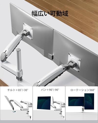 HUANUO PCモニターアーム デュアル 液晶ディスプレイアーム 2画面 13~32インチ対応 耐荷重2~9kg ガススプリング式 グロメット式&クランプ式 VESA100*100 多角度調節 ケーブル収納(ホワイト)HNDS32W の商品画像 2