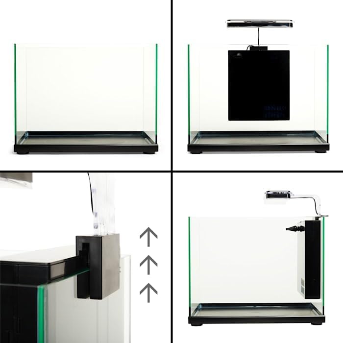 Four panel image showing aquarium setup steps: empty tank, filter box attached, filter box being secured, and fully assembled tank with filter and light.