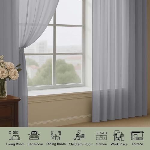 Image of OWENIE Grey Sheer Curtains 120 Inches Long 2 Panels Set, Airy Lightweight Sheer Grey Curtains for Living Room Bedroom, Farmhouse Voile Filmy Rod Pocket Curtains Drapes, 2 Pcs, Each 59 inch Wx120 L Inch