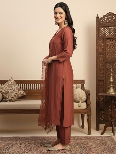 Image of FABIAN FASHION Women's Maroon Straight Kurta Palazzo Pant with Organza Dupatta Set Festive Ethnic Wear(ES 2537)