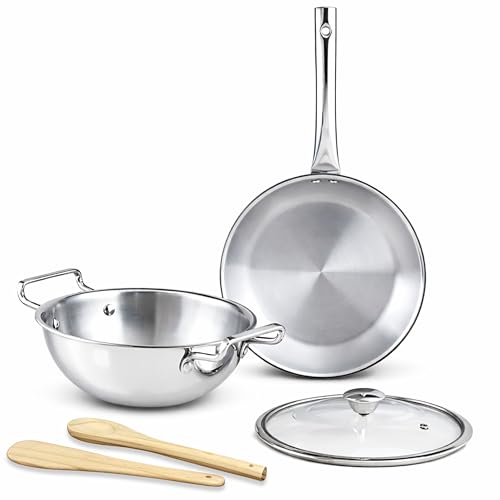 Image of Kreme Platina Triply Stainless Steel Cookware Set 3 Pc - Superior Finish, Cool Grip Handle, Induction Compatible | 100% Non-Toxic, Nickel-Free | Frypan 1.45 L + Kadai 2.2 L with Lids