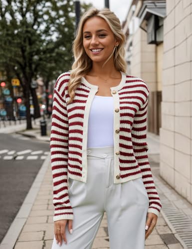 Womens Striped Cardigan Sweaters Button up Long Sleeve Fall Outfits Knit Sweater Cropped Cardigans Casual Jacket Coat2