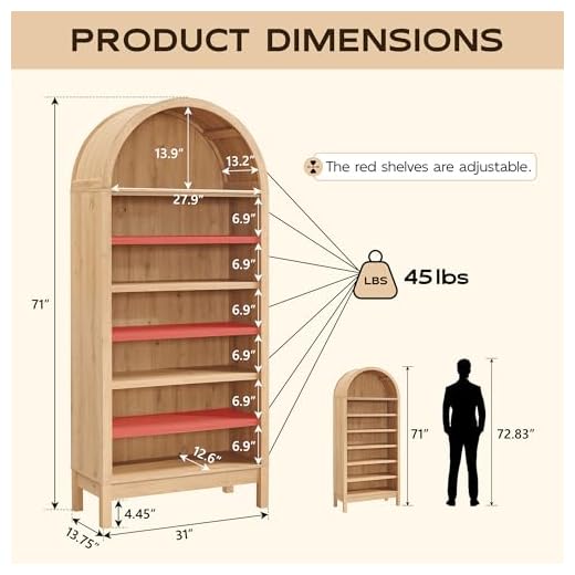 71" Tall Arched Bookshelf with Adjustable Shelves