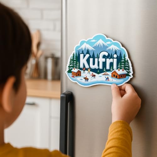 Image of Naxon Kufri Hill Station Theme Souvenir Wooden Fridge Magnet | Snow Mountains & Nature Design 3x3 Inch Refrigerator Magnet for Kitchen & Home Decor | Travel Gift from Kufri | Pack of 1