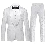 UNINUKOO Mens Suits 3 Piece 1 Button Prom Floral Wedding Shawl Lapel Casual Tuxedo Suit Set US Size 34 White Flower