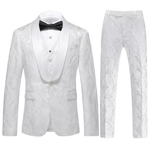UNINUKOO Mens Suits 3 Piece 1 Button Prom Floral Wedding Shawl Lapel Casual Tuxedo Suit Set US Size 44 White Flower