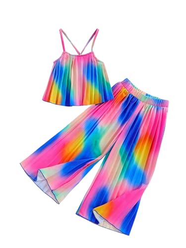 Image of RoseSeek Girl's 2 Piece Boho Cute Outfits Pleated Spaghetti Strap Camisoles Elastic Waist Wide Leg Pants Sets