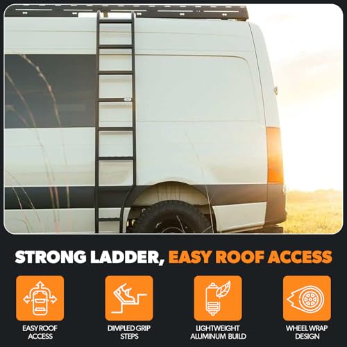 Image of FVC Wheel Wrap Side Ladder for Mercedes-Benz Sprinter & Winnebago Revel | 17 lb Aluminum Ladder with Traction Steps
