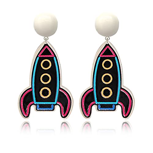 ANXIN Unique Handmade Cartoon Black Embossed Print Rocket Planet Earrings Chic Lightweight Creative Acrylic Drop Dangle Earrings For Women Jewelry Gifts