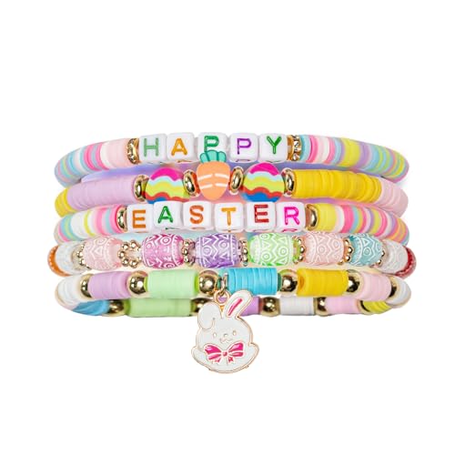 Yiruhe 5Pcs Easter Bracelets Heishi Polymer Clay Elastic Holiday Bracelets