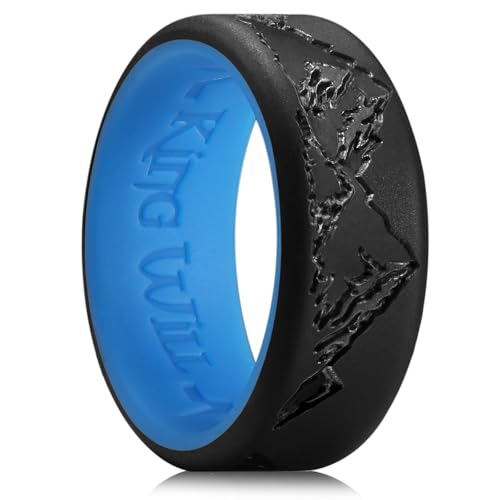 King Will Anillos de silicona para hombre, alianzas de boda de goma negra y azul con diseño único de pico de montaña, 8 mm de ancho, 2,2 mm de grosor, ajuste cómodo, X 1/2(67.19mm), Silicona, Sin