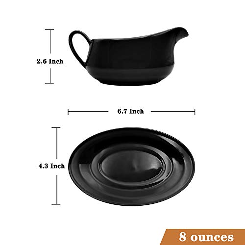 Gravy Boat with Ceramic Tray, 1 PC 8 oz Easy Pour Black Gravy Boat with Saucer Stand for Salad Dressings, Milk,Broth, Creamer and More/ Microwave & Dishwasher Safe (Black)