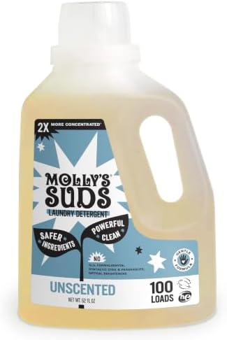 Molly's Suds Liquid Laundry Detergent | Natural Laundry Detergent Soap for Sensitive Skin | 2x Concentrated, High Efficiency (HE) | Unscented - 100 Loads