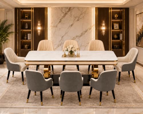 Image of 8-Seater Dining Table with Nano Composite Marble Top and PVC Golden Wooden Base |2yr Warranty - Includes 8 Fabric Upholstered Chairs