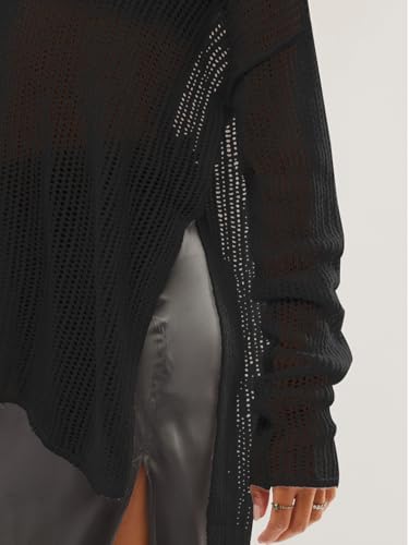 SuperPrity Womens Tops Long Sleeve Crochet Knit Top 2024 Hollow Out Side Split Swimsuit Cover Up Beach Vacation Outfit4