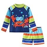 Lollisy Baby Boys Rash Guard Swim Set for Toddler Boys Long Sleeve Bathing Suits with Swim Trunks Two Piece Swimwear Navy Striped Crab 18 Months
