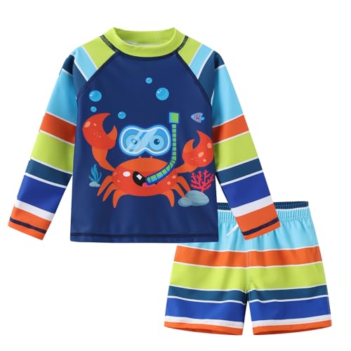 Lollisy Baby Boys Rash Guard Swim Set for Toddler Boys Long Sleeve Bathing Suits with Swim Trunks Two Piece Swimwear Navy Striped Crab 18 Months