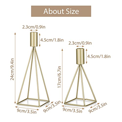 Sziqiqi Geometric Wire Taper Candle Holders Candlestick Holder Set Of 2, Modern Minimalist Decorative Centerpiece For Fireplace Mantel Coffee Tabletop Counter, Gold Finish #TOP4