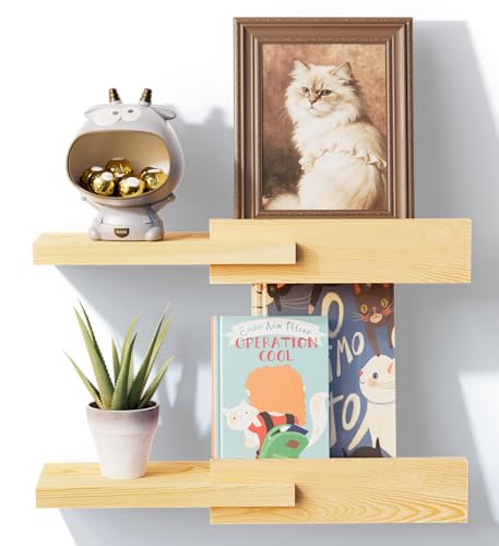 QsQueen Unique Modern Narrow Solid Wood Floating Shelf and Minimalist Wall Mounted Ledge for Bedroom, Living Room, Bathroom, Kitchen, Perfect for Frames, Plants, Candles, and Small Decor