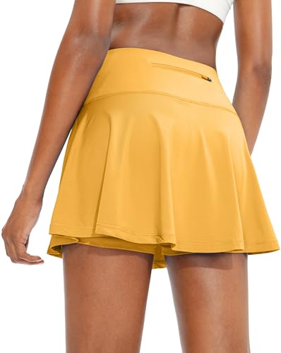 SANTINY Pleated Tennis Skirt for Women with 4 Pockets Women's High Waisted Athletic Golf Skorts Skirts for Running Casual (Yellow_S)