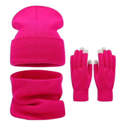 Conjunto de gorro bufanda guantes rosa de tres piezas cálido invierno 2