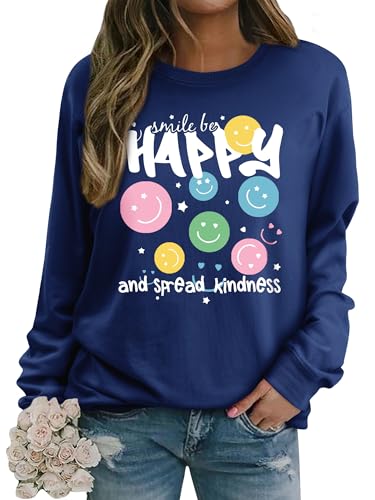 Image of Dresswel Womens Sweatshirt Vintage Funny Smile Face Graphic Print Crewneck Long Sleeve Tops Ladies Pullover Basic Cotton Jumpers Blouse(2-Gray, M)