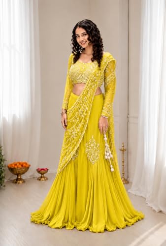 Image of Lehenga choli Womens And Girls Soft Crep Silk Saree With Full-Stitched Blouse With Embroidery Work Wedding navratri party letest