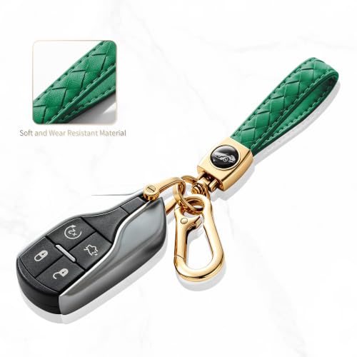 Image of Gkeygo Carabiner Keychain, Universal Heavy Duty Woven Handmade Leather Key Chain, Car Fob Key Keychains with 360 Degree Rotatable Snap Swivel and Anti-Lost D-Ring for Men and Women,Light Gold - Green