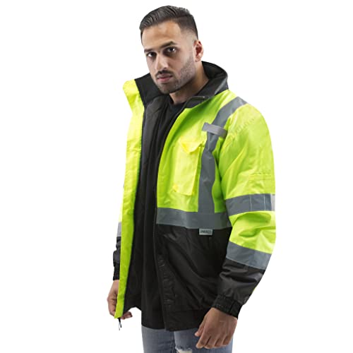 Buy 1 get 1 JORESTECH Safety Bomber Jacket Waterproof Reflective High Visibility Yellow/Lime ANSI Class 3 Level 2 Type R JK-01 (L)