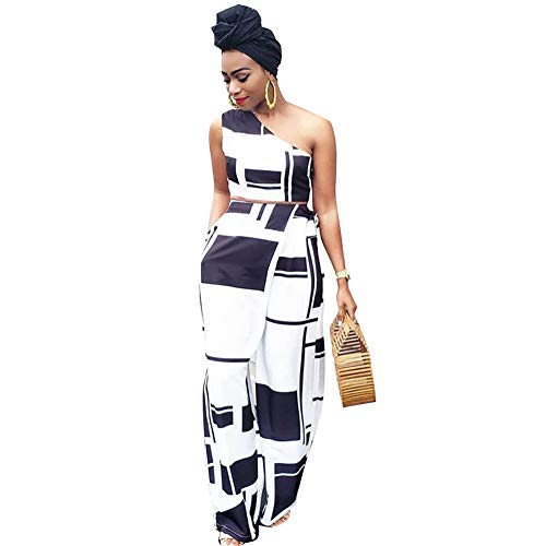 Kumono Women's Sexy 2 Piece Outfit - Floral Print One Shoulder Wide Leg Pants Set Black M