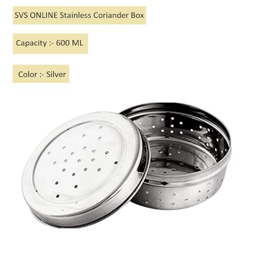 Image of Stainless Steel Green Coriander Storage Box Curry Leaves Box Set, Sprouts with air Ventilation Food containers Silver Dabba Flat Box Steel Dabba (Dhaniya 600 ML)