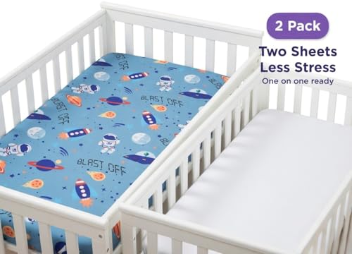 Image of Everyday Kids 2 Pack Fitted Boys Crib Sheet, 100% Soft Breathable Microfiber Baby Sheet, Fits Standard Size Crib Mattress 28in x 52in, Nursery Sheet - Space /White