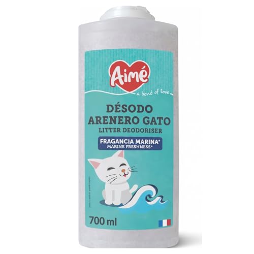 Aimé | Desodorante Arenero Gato Neutralizador de Olores 700 ml | Gránulos Absorbentes Fabricados a partir de Tobermorita | Ambientador Arenero para Gatos que Absorbe Malos Olores | Fragancia Marina