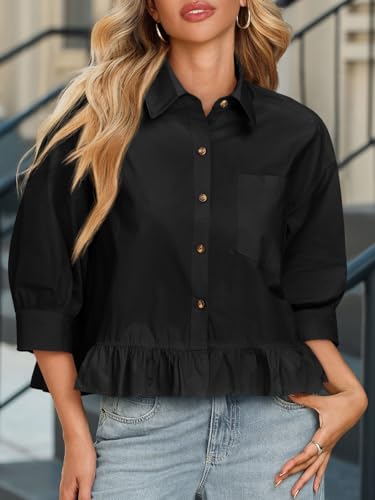Cicy Bell Womens Cropped Button Down Shirts 3/4 Length Sleeve Casual Cotton Blouses Loose Fit Ruffle Hem Tops2
