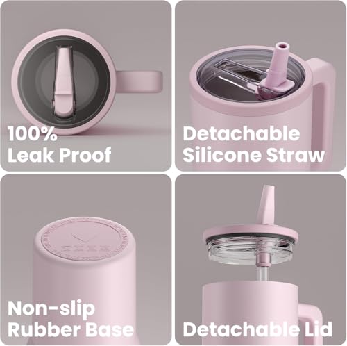 Image of House of Quirk 1200ML Tumbler with Handle & Simple Flip Straw - Car Cup Holder Friendly, Leak Resistant Stainless Steel Water Bottle with Rubber Base (Pink Dahlia)
