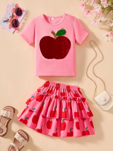 Image of Little Girls Skirt Set - 2 Piece Short Sleeve Top Shirred Tiered Skirt Outfit Girls Spring Summer Clothes 3-8 Years