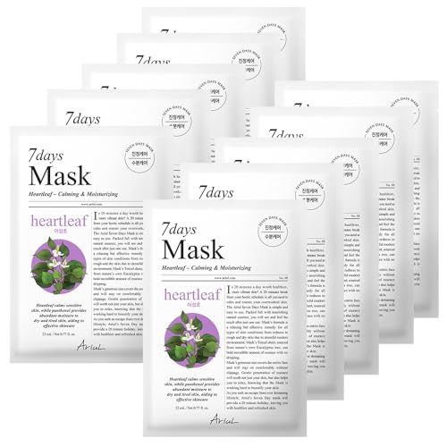 Ariul 7 Days Heartleaf Sheet Mask – Korean Face Mask for Sensitive Skin, Calming & Hydrating with Panthenol & Ceramide, Vegan (10 Sheets)
