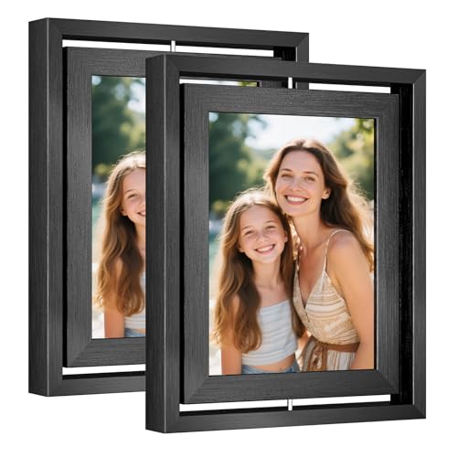 WILTYAPF 2 Pack 5x7 Black Rotating Floating Picture Frames, Double-Sided Solid Wood Photo Frame with HD Glass, Shatterproof, Fade Resistant, UV Protection, Vertical or Horizontal Tabletop Display