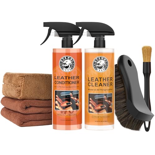 Car Leather Cleaner and Conditioner Kit Leather Care Cleaning Kit with Horse Hair Cleaning Brush - Safe for Car Interiors Furniture Boots Bags & Apparel - Deep Cleaning Non-Greasy Restorer