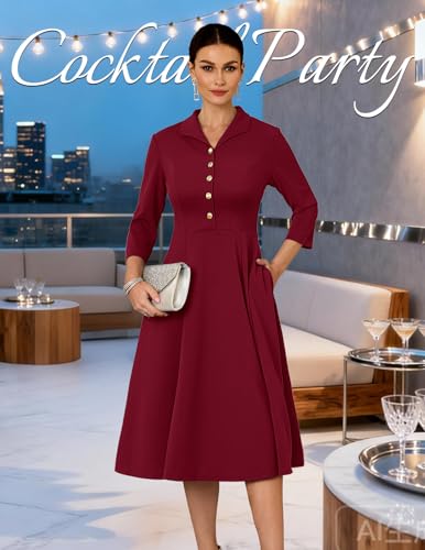 DRESSTELLS Women's Cocktail Vintage Dresses, Modest Wedding Guest Bridesmaid Church Party Fit and Flare Business Midi Dress, 3/4 Sleeve Valentine Dress Burgundy L — view 3