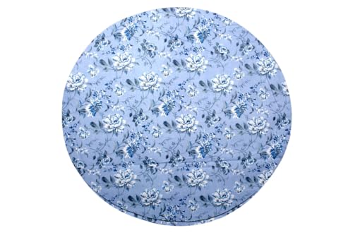 Image of The Furnishing Tree Elastic Cotton Round Center Table Cover 18x18 in Inches Floral White Rose on Blue Base