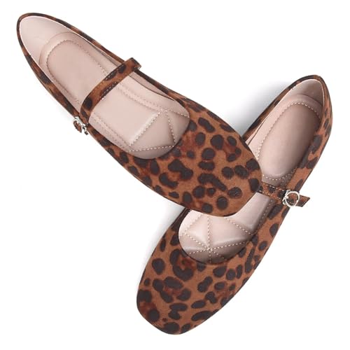 Stunner Women's Mary Jane Ballet Flats Fashion Square Toe Ankle Strap Flats Comfortable Casual Slip On Dress Shoes Leopard 44(10.5) 22