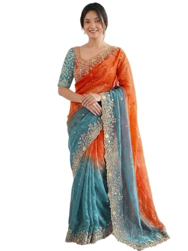 Image of SIRIL Women's Shimmer Chiffon Scalloped Border Sequins Embroidery Saree With Unstitched Blouse Piece