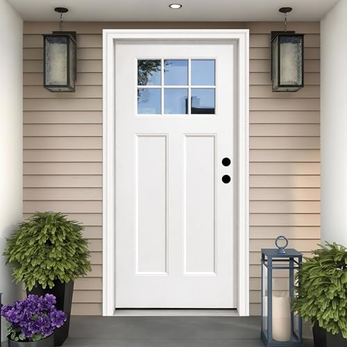 36'' x 80'' Fiberglass Entry Door, 6-9/16in Jamb Front Exterior Door with Brickmould and Vinyl Frame, Left Hand Inswing White Primed Knock-Down Door, 6 Lite Low-E Glass