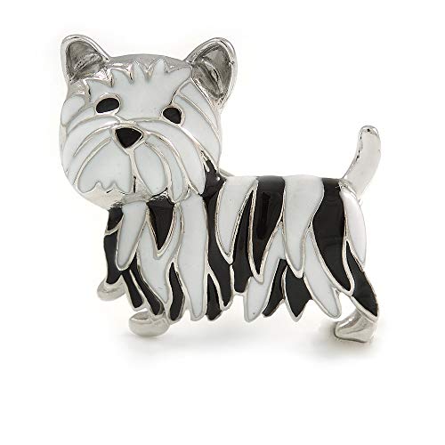 Broche en forme de chien Yorkshire en émail noir/blanc en métal argenté – 35 mm de diamètre, taille unique, émail, Pas de gemme